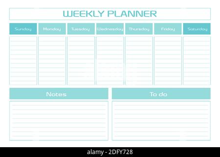 Weekly planner diary turquoise template. seven days personal schedule in a minimalist design. Week starts on sunday. Stock Vector