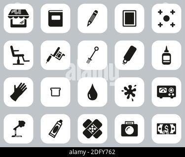 Tattoo Shop & Equipment Icons Black & White Flat Design Set Big Stock Vector