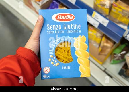 Tyumen, Russia-November 07, 2020: gluten-free Barilla fusilli buying pasta a hypermarket Stock Photo
