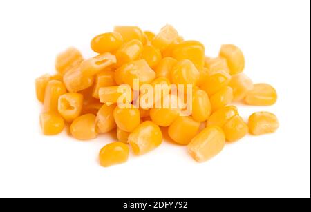 Canned sweet corn isolated on white background. Pickled corn. Stock Photo