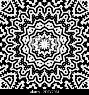 Beautiful kaleidoscope symmetrical mandala illustration in black and white colors. Stock Photo