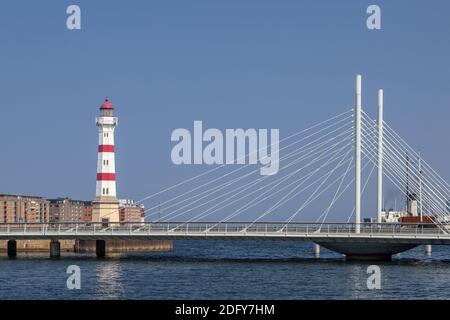 geography / travel, Sweden, conserve / Scania, Malmo, lighthouse Malmo at Inner Harbour with bridge Un, Additional-Rights-Clearance-Info-Not-Available Stock Photo