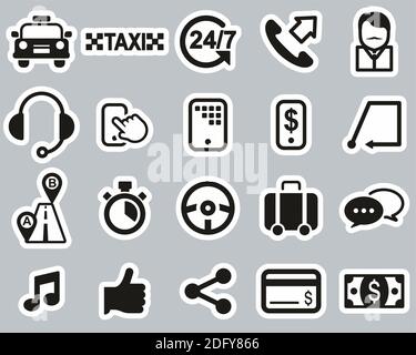 Taxi Or Taxi Service Icons Black & White Sticker Set Big Stock Vector