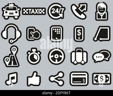 Taxi Or Taxi Service Icons White On Black Sticker Set Big Stock Vector