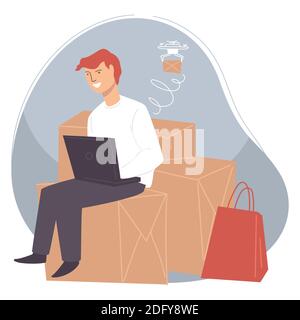 Ordering and shopping online using laptop vector Stock Vector