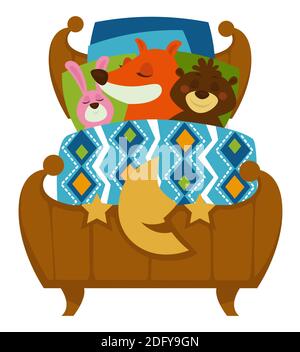 Animals sleeping in bed, fox and rabbit with bear Stock Vector