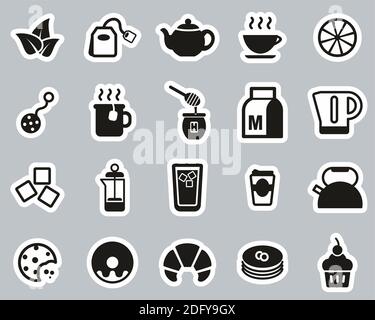Tea Or Hot Beverage Icons Black & White Sticker Set Big Stock Vector