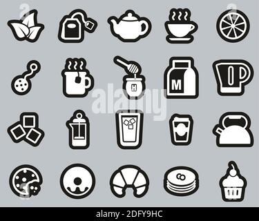 Tea Or Hot Beverage Icons White On Black Sticker Set Big Stock Vector