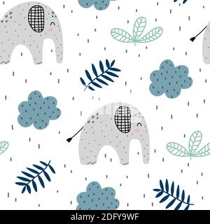 Cute childish seamless pattern with elephants, clouds, floral elements and abstract dots isolated on white background. Hand drawn Scandinavian style v Stock Vector