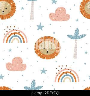 Cute nursery seamless pattern with lion, palm trees, clouds, rainbows, stars and abstract dots. Hand drawn Scandinavian style vector illustration. Stock Vector