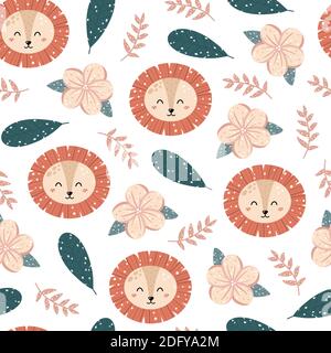 Cute nursery seamless pattern with lion, tropical flowers and leaves isolated on white background. Hand drawn Scandinavian style vector illustration. Stock Vector