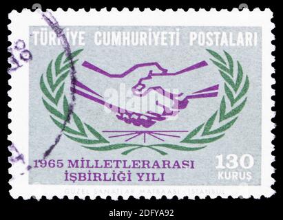 MOSCOW, RUSSIA - SEPTEMBER 16, 2020: Postage stamp printed in Turkey shows International co-operation, serie, circa 1965 Stock Photo