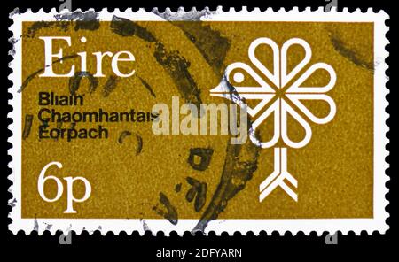 MOSCOW, RUSSIA - SEPTEMBER 16, 2020: Postage stamp printed in Ireland shows Symbolic Bird in Tree, European Conservation Year serie, circa 1970 Stock Photo