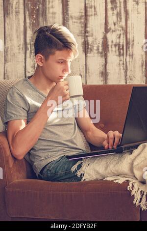 Attractive caucasian young stylish guy in jeans and a gray t-shirt with a laptop sits on the sofa. Vertical shot Stock Photo