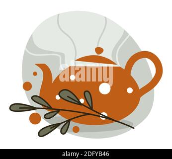 Kettle with hot herbal tea, mint leaves vector Stock Vector