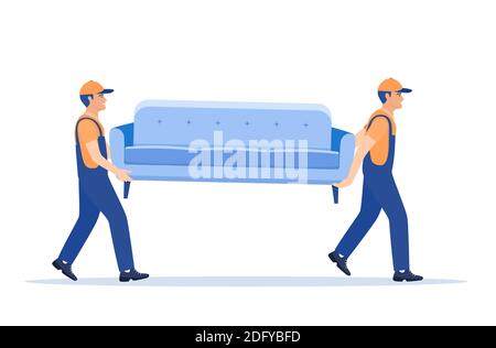 Delivery character man movers carry sofa. Stock Vector