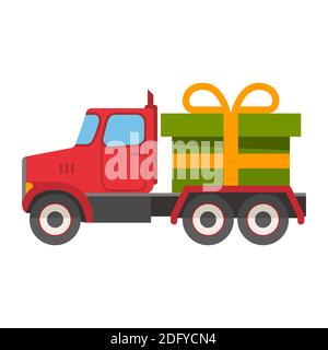 Christmas semi truck with green gift box.Tied gold ribbon bow. Stock Vector