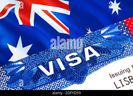 Australia Visa Document, with flag in background. Australia flag with up text VISA on visa stamp in passport,3D rendering.Visa pas Stock Photo -