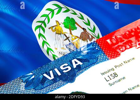 Belize immigration visa. Closeup Visa to Belize focusing on word VISA, 3D rendering. Travel or migration to Belize destination concept with visa in pa Stock Photo