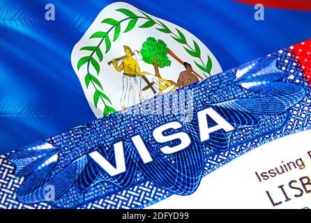 Belize Visa in passport. USA immigration Visa for Belize citizens focusing on word VISA. Travel Belize visa in national identification close-up,3D ren Stock Photo