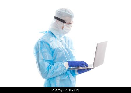 conference with coworkers. coronavirus outbreak and covid epidemic. stay at home. distance doctor help. epidemiologist in protection working from home at computer during self-isolation and quarantine. Stock Photo