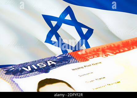 Israel immigration document close up. Passport visa on Israel flag. Israel visitor visa in passport,3D rendering. Israel multi entrance visa in passpo Stock Photo