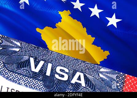 Kosovo Visa Document, with Kosovo flag in background. Kosovo flag with Close up text VISA on USA visa stamp in passport,3D rendering.Visa passport sta Stock Photo
