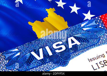 Kosovo Visa in passport. USA immigration Visa for Kosovo citizens focusing on word VISA. Travel Kosovo visa in national identification close-up,3D ren Stock Photo