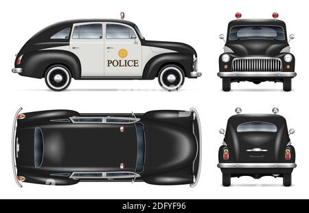 Vintage police car vector mockup on white background view from side, front, back, top. All elements in the groups on separate layers for easy editing Stock Vector