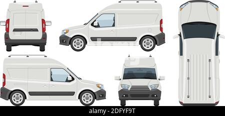 White minivan vector template with simple colors without gradients and effects. View from side, front, back, and top Stock Vector