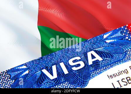 Madagascar visa stamp in passport with text VISA. passport traveling abroad concept. Travel to Madagascar concept - selective focus,3D rendering. Immi Stock Photo