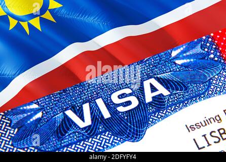 Namibia Visa in passport. USA immigration Visa for Namibia citizens focusing on word VISA. Travel Namibia visa in national identification close-up,3D Stock Photo