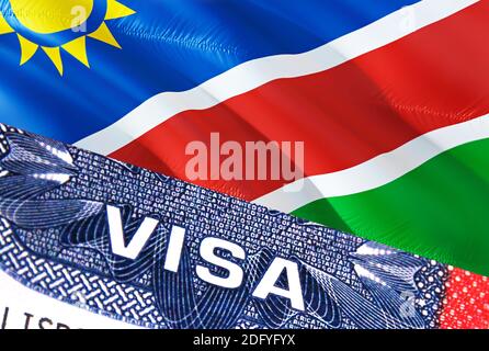 Namibia Visa Document, with Namibia flag in background. Namibia flag with Close up text VISA on USA visa stamp in passport,3D rendering.Visa passport Stock Photo