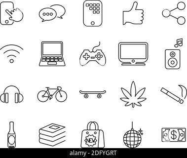 Teenager Icons Black & White Thin Line Set Big Stock Vector
