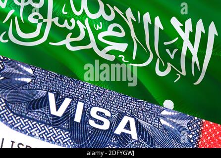 Saudi Arabia Visa Document, with Saudi Arabia flag in background. Saudi Arabia flag with Close up text VISA on USA visa stamp in passport,3D rendering Stock Photo