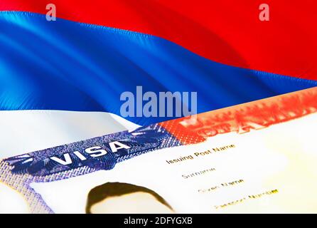 Serbia immigration document close up. Passport visa on Serbia flag. Serbia visitor visa in passport,3D rendering. Serbia multi entrance visa in passpo Stock Photo