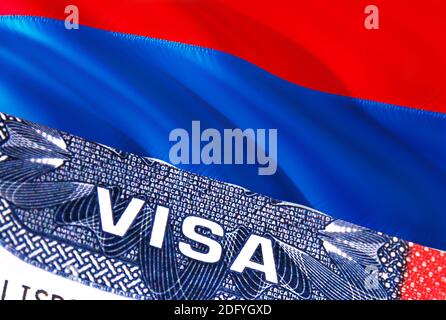 Serbia Visa Document, with Serbia flag in background. Serbia flag with Close up text VISA on USA visa stamp in passport,3D rendering.Visa passport sta Stock Photo