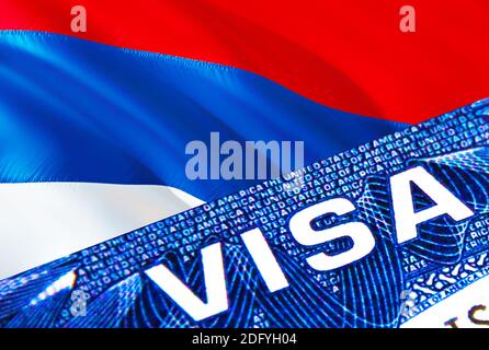 Serbia visa document close up. Passport visa on Serbia flag. Serbia visitor visa in passport,3D rendering. Serbia multi entrance in passport. Closeup Stock Photo