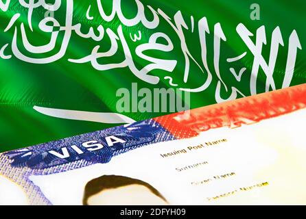 Saudi Arabia immigration document close up. Passport visa on Saudi Arabia flag. Saudi Arabia visitor visa in passport,3D rendering. Saudi Arabia multi Stock Photo
