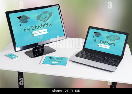 E-learning concept shown on different information technology devices Stock Photo