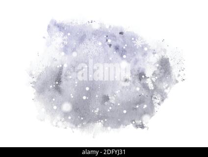 Winter christmas card hand-painted watercolor. Artwork snowflakes and snow falling on splatter stain watercolor background. Stock Vector