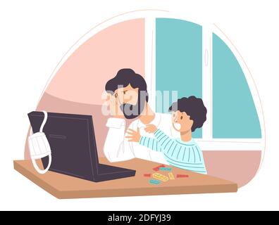 Upset dad and son sitting by laptop at home vector Stock Vector