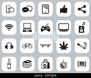 Teenager Icons Black & White Flat Design Set Big Stock Vector