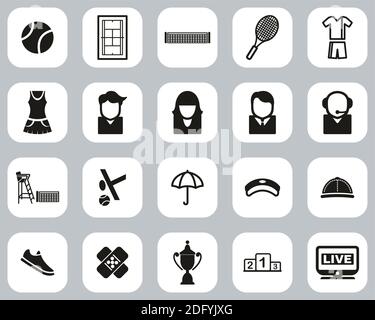 Tennis Sport & Equipment Icons Black & White Flat Design Set Big Stock Vector