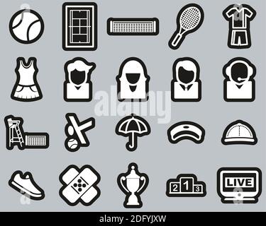 Tennis Sport & Equipment Icons White On Black Sticker Set Big Stock Vector