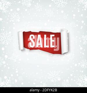 Sale. Torn papper banner on winter background with snow and snowflakes. Stock Vector