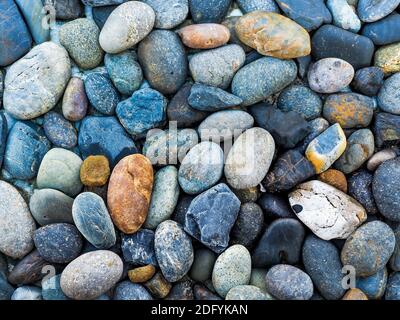 Sea pebbles, stones background. Multicolored colorful of many sea pebbles, natural texture background. Stock Photo