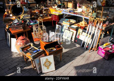 Vintage and second hand items for sale at street market - Athens, Greece, February 4 2020. Stock Photo