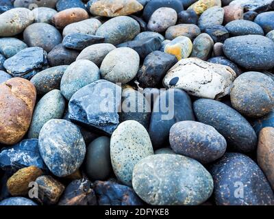 Sea pebbles, stones background. Multicolored colorful of many sea pebbles, natural texture background. Stock Photo