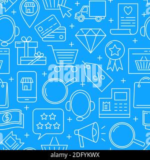 Online supermarket seamless pattern in line style. Repeatable backgound with e-business linear icons. Mobile shopping wallpaper. Vector illustration. Stock Vector